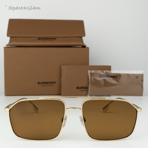 Burberry Men Sunglasses Gold Brown Polarized Rectangular BE3130 110983 BRAND NEW - Picture 1 of 10